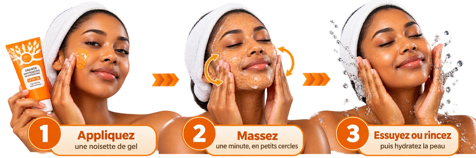Le geste NUTRELIS en 3 étapes : appliquez, massez, essuyez ou rincez